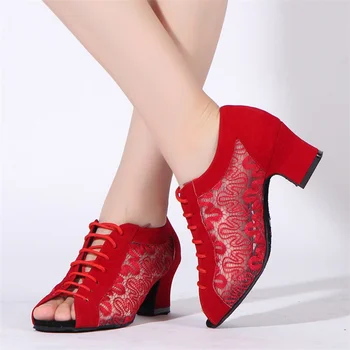 Дамски Танцови обувки за занимания с танци от червено набук и мрежа с шарките на 4,5 см, Дамски Обувки за танци балната зала, Стандартна Обувки за латино танци, салса, бални танци, Вечерни Танцови обувки
