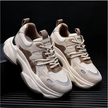 Дамски маратонки 2022, ежедневни спортни обувки за бягане на дебела подметка 5 см, вулканизированная кафява обувки, дамски спортни обувки на дебела подметка