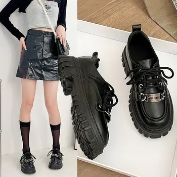 Дамски оксфордские обувки на платформа, Есенна реколта обувки 2022 г., дамски Модни лоферы дантела, черни Оксфордские обувки в стил Лолита 