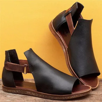 Дамски сандали на равна подметка с плетене на една кука и линия, римска обувки в стил ретро с отворени пръсти, Удобна Мода Однотонная дамски обувки от изкуствена кожа, големи Размери 2020