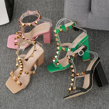 Дамски сандали от 2021 г., Модни дамски обувки-лодка на висок ток с Нитове, Дамски Летни Обувки За Жените, Обувки, Пикантни Обувки на висок ток