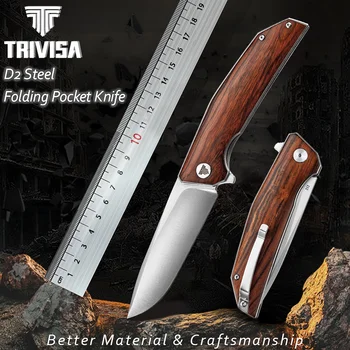 Джобни сгъваеми ножове TRIVISA с отворен флиппером, 3,74-инчов нож D2 и ръкохватка от дърво Lronwood, Туристически ножове за самозащита EDC с клипс