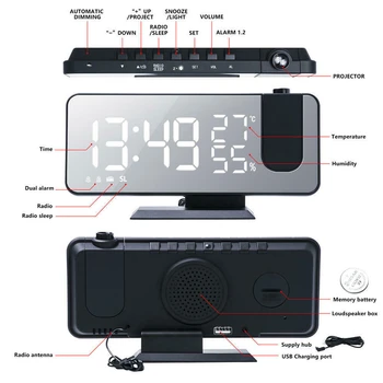 Дигиталното Огледало LED Аларма Тенис на Тавана Проектор alarm clock USB Пробуждане FM Радио Проектор Време Детска Спалня Нощни Часове