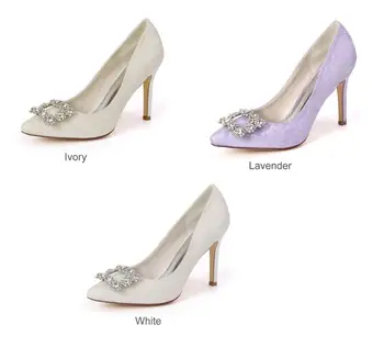 Елегантни дантелени сватбени женски обувки-лодка на висок ток с остър пръсти и квадратна кристал брошью, сватбени обувки на висок ток цвят лавандула, слонова кост, бяло слипоны