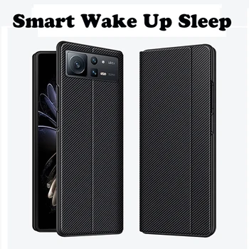 Естествена Кожа Xiaomi Mix Fold 2 Калъф Smart Sleep Wake Up Магнитен Държач Шкаф Флип От Въглеродни Влакна Калъф За Xiaomi Mix Fold2
