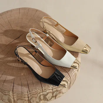 Женски френски обувки на висок ток, ново 2022 година, пролет-есен, сандали на висок ток с метални бомбе и среден ток, летни кожени сандали кайсиев цвят 34-39 Размер