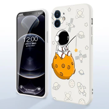 За iPhone 11 12 13 Pro Mini Max Творчески Астронавт Телефон Течни Силиконови Калъфи За 6 6s 7 8 Plus SE 2020 XR XS X Max Коренно Капа