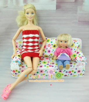 Забавни играчки за малки момичета, играчки за игра, Мини-Куклена Къща, Мебели, диван с цветя, с възглавници, куклена къща за кукла Барби