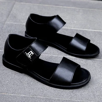 Италианските летни удобни Дишащи сандали на ниско дебелите обувки с мека подметка, кожени римски сандали с отворени пръсти, черна градинска и плажна обувки