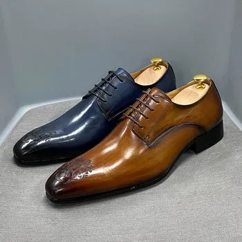 Класически бизнес Обувки Мъжки Oxfords Дерби От Естествена Кожа С Остри Пръсти Модни Дантела с Високо Качество Офис Сватбени и Вечерни Обувки Мъжки