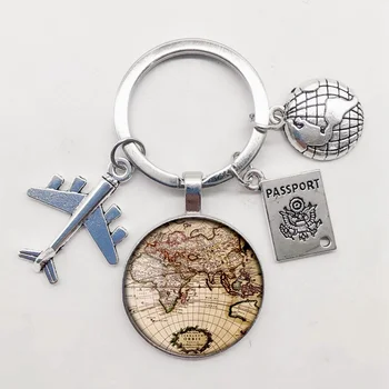Ключодържател с карта на света, пътуване, Изследване на Стъклен купол, Кабашон, Самолет, ключодържател с окачване, мъжки и женски подарък, Бижута, ключодържател.