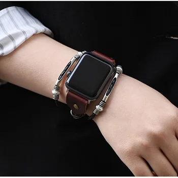 Кожена + Метална Декоративна каишка За Apple Watch Band 7 41 45 mm 6 5 4 40 44 мм от неръждаема Стомана Гривна За iWatch Series Se 38/42 мм