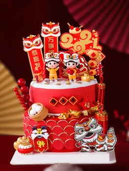 Коледна Печене на Торта Topper Лъв Танц Koi Момче Момиче Кукла Украса на Тортата 2023 Новогодишния Празничен Червен и Златен честит Рожден Ден