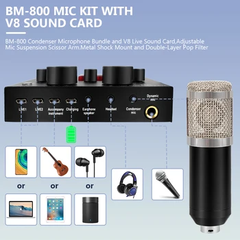 Комплекти Звукови Карти Micfuns V8 + BM800 Аудио Интерфейс Кондензаторен Микрофон с Bluetooth USB за Директно Излъчване на Записа в Youtube