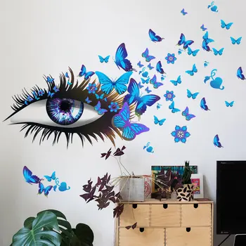 Креативна Красиво Момиче Очите на Стикер На Стената на Летяща Пеперуда Стикер На Стената на Момиче Мигли САМ Художествена Vinyl Рисувани за Спални Хол