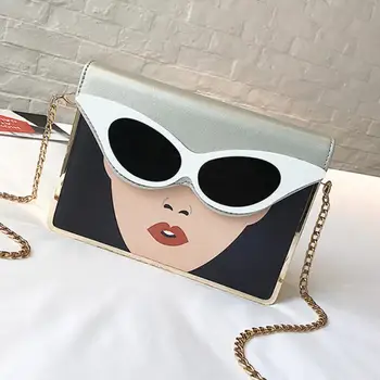 Малка квадратна чанта на едно рамо от изкуствена кожа, модни контрастная цветен 3D триизмерна красота, очила, веригата на рамото с шарките