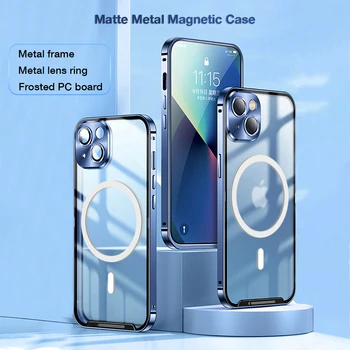 Метален Магнитен Калъф За Телефон iPhone 14 13 12 11 Pro Max Plus Прозрачна Magsafe Безжична Зареждане на Обектива, Пълно Защитно покритие