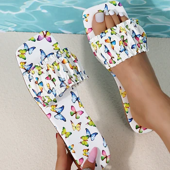 Многоцветни Чехли с Пеперуди, Дамски Градинска обувки на плоска подметка с Квадратни пръсти, Дамски Летни Плажни Нагънат Джапанки, Размер 36-42, zapatos de mujer