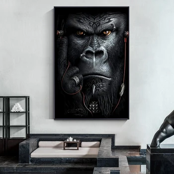 Модерен Плакат с Изображение на Животни, Щампи шимпанзетата, Слушане на Музика, Стенни Картини На Платно За Украса на Дома в Стаята
