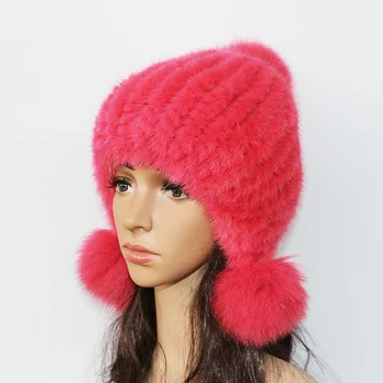 Модерна Дамска шапка от естествена норка, Зимни топли възли шапки от кожа на норка, Дамски бейзболна шапка от кожа на лисица