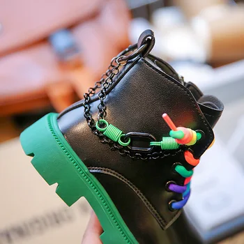 Модни Обувки за Момичета, Детски Дизайнерски Обувки от Изкуствена Кожа, Водонепропусклива Къси Ботуши, Зелен и черен Цвят, на Нисък Ток за Момичета, Безплатна Доставка