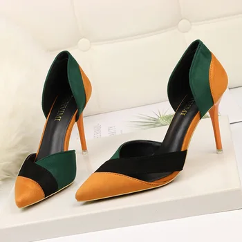 Модни пролетни дамски пикантни обувките на тънък висок ток с остър пръсти 10 см, велурени обувки-лодка