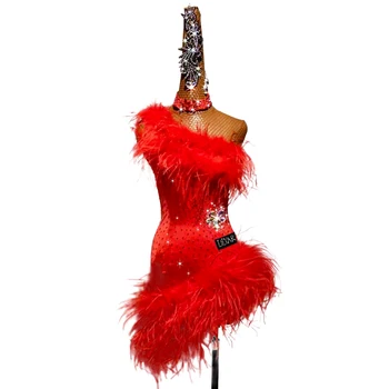 Нова рокля за състезания по латинским танци, облекло за ча-ча, бебешки дрехи за възрастни, костюм за жени, дрехи за латинските танци с червени пера по поръчка
