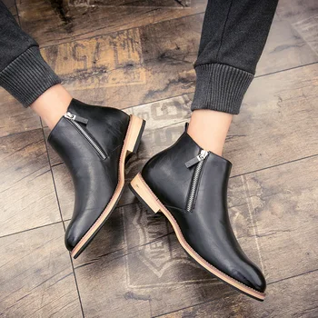 Нови италиански черни кожени мъжки обувки, бизнес обувки с телесен цвят с цип, мъжки високи обувки в британския стил, мъжки кожени обувки с остър пръсти mo-951