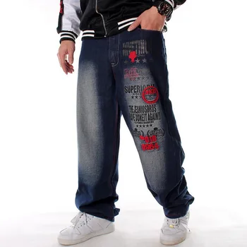 Общата Дължина на Шаблон на Печатни Свободни Дънки В стил Хип-Хоп За Мъже Европейския Американска Марка Хип-хоп Тенденция Бродерия Дънкови Панталони Плюс Размер