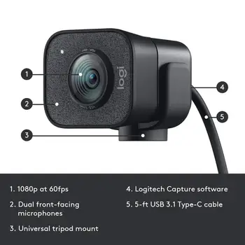 Оригинален уеб камера Logitech StreamCam Full HD 1080P 60 кадъра в секунда Потоковая уеб камера, Вграден Микрофон, Компютър, Настолен Домашен