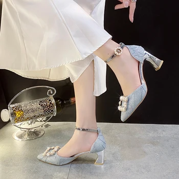 Помпи модерни перлени женски остри пръсти 2022 шарени дебели токчета парти рокля обувки жена, Bling Crystal високи токчета за Дамски обувки