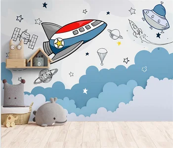 Потребителски тапети ръчно рисувана карикатура космическа планета ракета детска стая фон стенописи декорация на дома, 3d тапети