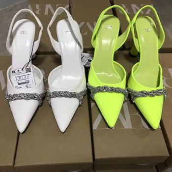 Пролет-лято нови генитални копринени обувки на висок ток с кристали, празнична рокля, универсални модни дамски сандали голям размер