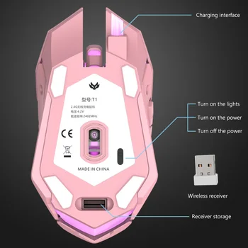 Розова Черна T1 Ергономична Акумулаторна Мишката 2.4 G за PC, Компютър, Безшумна USB Оптична Безжична Мишка Игри с Подсветка