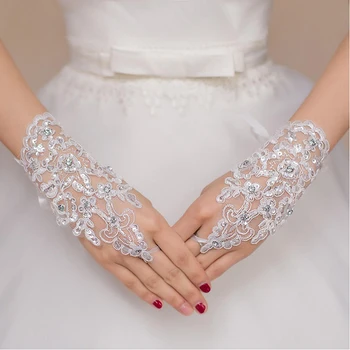 Сватбени Ръкавици Елегантни Къси Бели Дантелени Дамски Ръкавици Без Пръсти С Кристали Сватбени Аксесоари
