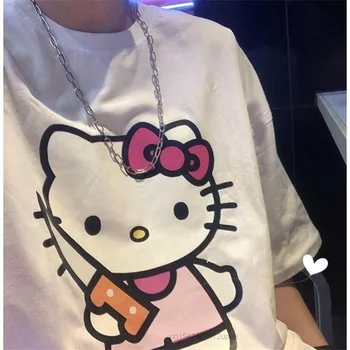 Сладка тениска на Hello Kitty Sanrio, Памучен Лятна тениска Y2K, Свободен Топ с Къс Ръкав, Женски Тъмен Принт, Скъпа дреха в стил Харадзюку за момичета