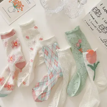 Сладки, Забавни Чорапи С Цветен Модел, Прозрачни Дантелени Бели Чорапи С Абстрактен Дизайн, Дамски Чорапи с волани и набори, Sokken Skarpetki Calcetines Mujer