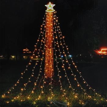 Слънчевата Led Звезда Водопад Светлина Коледно Дърво Струнни Светлини Дистанционно Управление Украса На Градината Открит Начало Декор