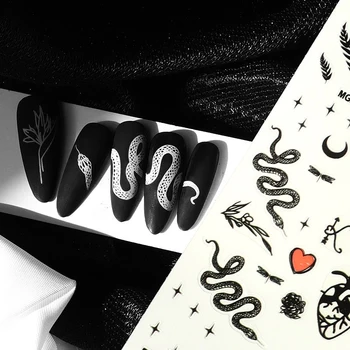 Стикер за дизайн на ноктите С виртуален скелет и Змийска кожа Печат Бял Черен Цвят 3D Готин Маникюр Инструменти За Красота Самозалепващи Стикери За Нокти