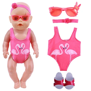 Стоп-моушън дрехи 3 предмета = Бански от фламинго + Слънчеви очила + Чехли За 18-инчовата американската момичета 43 см, Роден кукла, Обувки Поколение Подарък