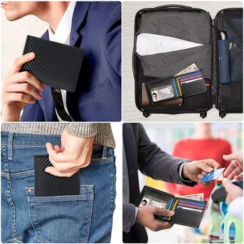 Тънък Минималистичен Трикуспидалната портфейл от въглеродни влакна, Блокиране на RFID Мъжки портфейл с прозорец за идентификация и 9 слота за карти