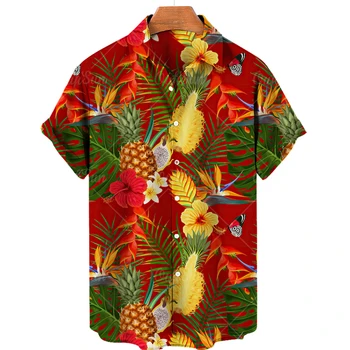 Хавайска риза мъжка лятна плажна риза с плодов принтом, ежедневни риза с къс ръкав, блузи, празнични ризи, блузи