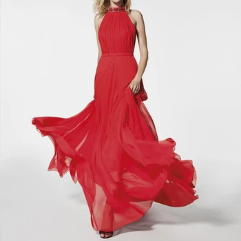 Червени шифоновые рокли за майката на Булката 2022, Сватбени рокли без ръкави, с бретелькой на шията, Апликации, Гънки, Трапециевидные, с Дължина до пода