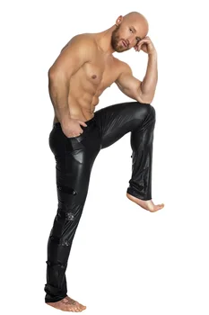 Черни Латексови Панталони за Мъже Мотоциклетни Пънк PU Изкуствена Кожа Секси Панталони за Стриптийз