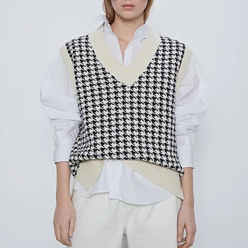 дамски модни 2020 г., вязаный жилетка оверсайз, пуловер с V-образно деколте, без ръкави, в клетката, без жена жилетка, шик върховете