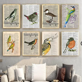 ретро арт пъстри птици платно картини илюстрации на книгите на стенно изкуство плакати с животни хол декорация на дома, стенописи